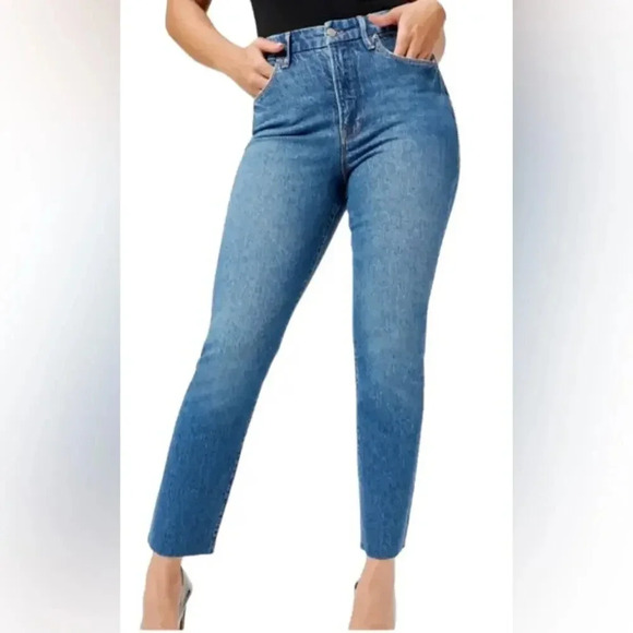 Good American Good Classic Raw Hem High Rise Jeans Blue 940 Size 12/31 - Picture 2 of 7